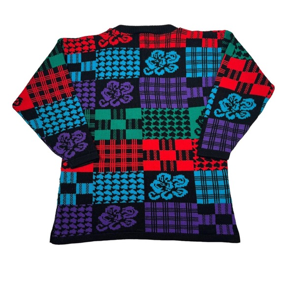 Vintage 80s Mixed Print Floral Colorblock Crewneck Sweater USA Womens L Large - Picture 2 of 6